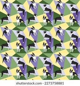 Boston Terrier Hund auf mosaikem, geometrischem Hintergrund. Funky, bunter Look, Regenbogenfarbpalette. Einfache, saubere, moderne Textur. Geometrischer, polygonischer Stil. Sommernahtloses Muster mit Hunden.Dreiecke.