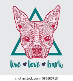 Boston Terrier French Bulldog icon inscription of Live Love Bark. Great for dog lovers to use for posters, t-shirts, print designs and logos.