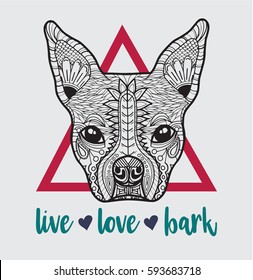 Boston Terrier French Bulldog icon inscription of Live Love Bark. Great for dog lovers to use for posters, t-shirts, print designs and logos.