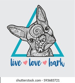 Boston Terrier French Bulldog icon inscription of Live Love Bark. Great for dog lovers to use for posters, t-shirts, print designs and logos.