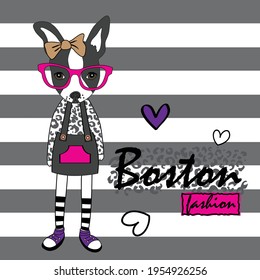 Boston terrier in glasses cartoon. Fashion Boston terrier puppy. Clothing for pets. Cartoon illustration in sketch style.