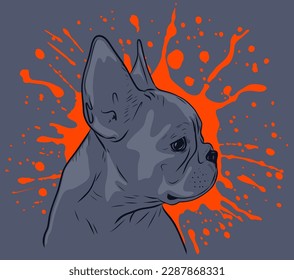 Boston Terrier. Portrait of a dog with a blot. Bright print on a T-shirt. Pet logo. Stock vector illustration. Animal muzzle, art  
