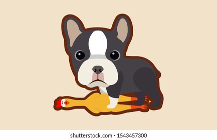 boston terrier puppies and chicken toy Vector illustration