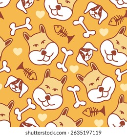 Boston terrier puppy head with paw prints cartoon seamless pattern. vector illustration