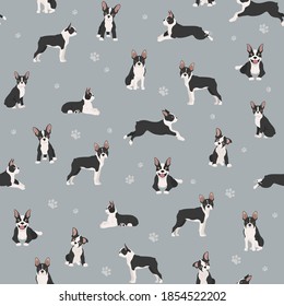 Boston Terrier nahtloses Muster. Hunde gesunde Silhouette und Yoga posieren Hintergrund.  Vektorgrafik