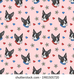 Boston Terrier seamless pattern with hearts. Cute Boston Terrier girls and boys.