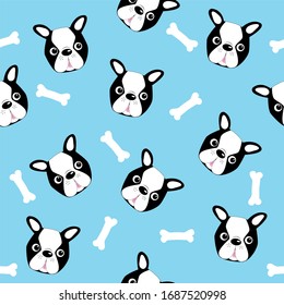 Patrón transparente de Boston Terrier, sobre fondo azul.
Es bueno para el diseño de papel de pared, papel de envoltura, papel textil.