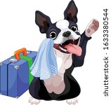 Boston Terrier with a suitcase is leaving and waving goodbye