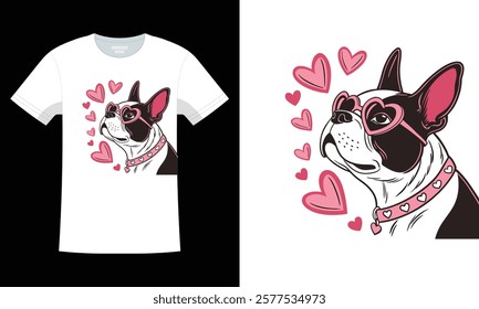 Boston Terrier Valentine's Day Design – Cute Dog Illustration with Heart-Shaped Sunglasses and Pink Accents