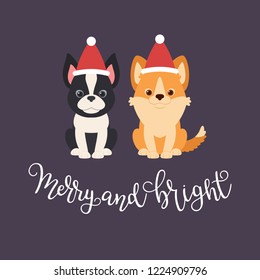 Boston terrier and welsh corgi puppies in Christmas hats. Merry and Bright hand lettering. Vector illustration