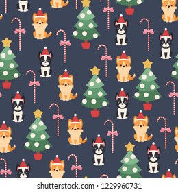 Boston terrier and welsh corgi puppies with Christmas tree and candy cane. Vector seamless pattern or wallpaper.