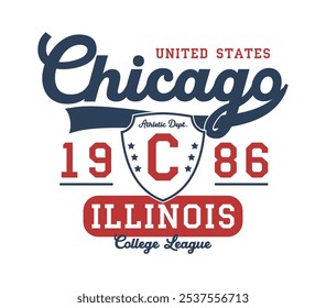 Boston t-shirt design with college shield. Illinois college league tee shirt with inscription with swash. Graphics for athletic clothes. Print for vintage sport apparel. Vector illustration.