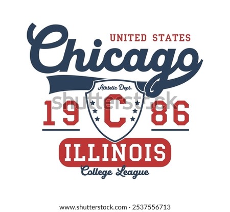 Boston t-shirt design with college shield. Illinois college league tee shirt with inscription with swash. Graphics for athletic clothes. Print for vintage sport apparel. Vector illustration.