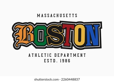 Boston t-shirt design with various letters. Boston, Massachusetts tee shirt print with color cut out college letters. Trendy apparel print. Vector illustration.