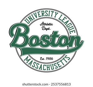 Boston university t-shirt design. Massachusetts varsity league style tee shirt with inscription with swash. Graphics for athletic clothes. Print for vintage sport apparel. Vector illustration.