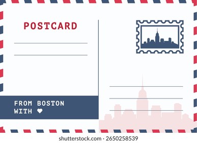 De Boston, EUA modelo de cartão postal. Ilustração de cartão-postal vetorial com carimbo, ponto de referência, mensagem. Layout de imagem simples de saudações simples