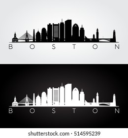 Boston USA skyline and landmarks silhouette, black and white design, vector illustration.