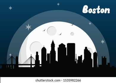 Boston USA skyline silhouette vector design  on a full moon night