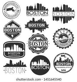 Boston USA Skyline Vector Art Stamps. Silhouette Emblematic Buildings.