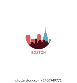 Boston EE.UU. paisajes urbanos de los Estados Unidos ciudad panorámica vector plano moderno icono del logo moderno. La idea del emblema del estado norteamericano de Massachusetts con monumentos y silueta de construcción