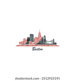 Ciudad del horizonte del paisaje urbano de la acuarela de Boston, Anuncio panorámico del Vector, logotipo. EE.UU., Imagen del estado de Massachusetts con Lugares famosos y siluetas de fachada. Gráfico colorido aislado