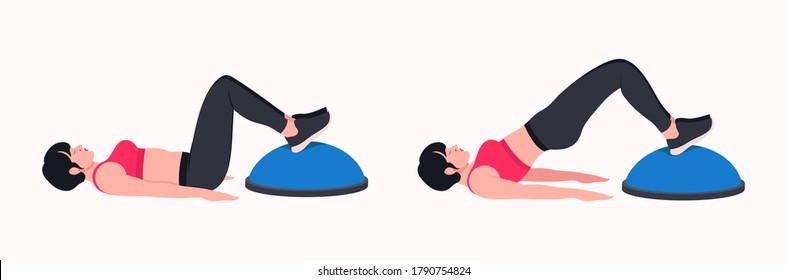 BOSU Ball / Balance Training Ball workout. Young woman doing BOSU Ball exercises. Vector illustration