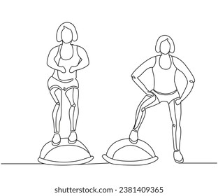 Bosu lateral steps and side steps exercise Line Drawing isolated on copy space white background, Bosu Ball Exercises editable vector illustration, Continuous one line drawing, exercise line art