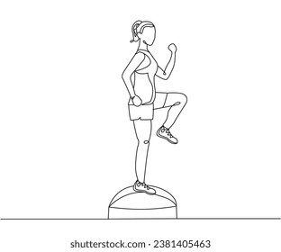 Bosu single leg balance exercise Line Drawing isolated on copy space white background, Bosu Single Leg Stance exercise editable vector illustration, Continuous one line drawing, work out clip art