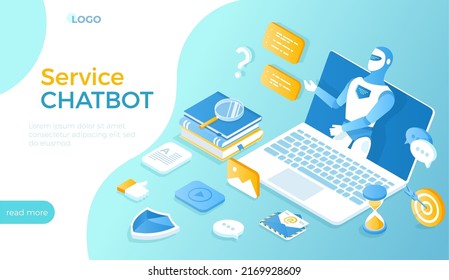 С aplicación de bot da respuestas a preguntas. Servicio de ayuda al diálogo. Robot robot chatbot virtual se comunica vía laptop. Soporte tecnológico en línea. Isometric vector ilustración para sitio web. 