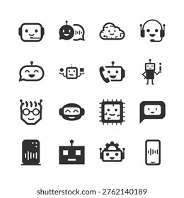 Bot and artificial intelligence, monochrome icons set. AI assistant, virtual support, automation, machine learning, user communication, digital helper and smart service. Black and white symbols