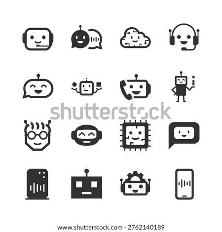 Bot and artificial intelligence, monochrome icons set. AI assistant, virtual support, automation, machine learning, user communication, digital helper and smart service. Black and white symbols