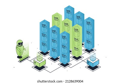 Bot center concept. Artificial intelligence, innovations and modern technologies, employee in office works with information. Digital archive, electronic statistics. Cartoon flat vector illustration