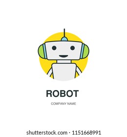 Bot or Chatbot logotype. Cute Outline robot for kids project. Vector flat line cartoon illustration isolated on white background. Voice support service bot. Virtual online support.