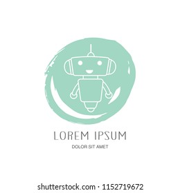 Bot or Chatbot logotype. Cute Outline robot for kids project. Vector flat line cartoon illustration isolated on white background. Voice support service bot. Virtual online support.