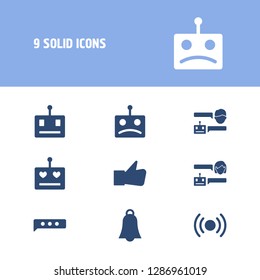Bot communication icon set and chatbot robot with sad robot, texting and alert. Artificial chat related bot communication icon vector for web UI logo design.