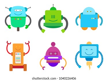 Bot creatures collection, robotic creatures set with long hands, artificial objects, green and blue machineries, vector illustration isolated on white