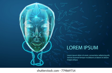 Bot face on dark digital background. Artificial intelligence in virtual reality. Robot head conceptual design closeup portrait. Illustration can be used for artificial intelligence business banner des