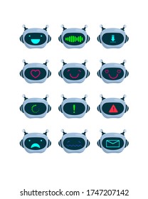 Bot faces set. Cute cartoon characters, robots heads with screens, happy smiling chatbots. Vector illustrations for humanoid avatar, futuristic computer robotics concept