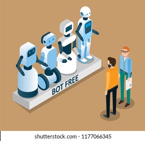 Bot free concept. Free chat bot robot virtual assistance vector isometric illustration.