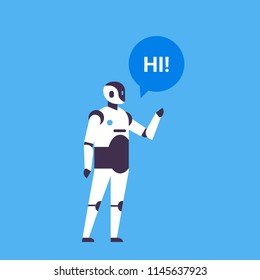 bot helper chatbot personal assistant chat bubble communication robot character artificial intelligence concept blue background flat full length vector illustration