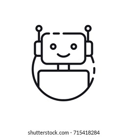 Bot icon. Chatbot icon concept. Cute smiling robot. Vector modern line character illustration isolated on white background. Outline robot sign design. Voice support service bot. Virtual online support