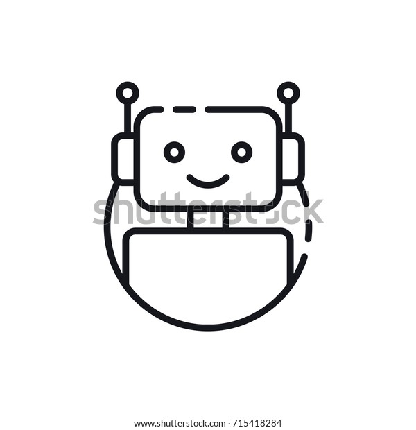 ボットのアイコン チャットボットのアイコンコンセプト かわいい笑顔のロボット 白い背景にベクターモダンな線の文字 イラスト 輪郭ロボットのサインデザイン 音声サポートサービスボット 仮想オンライン サポート のベクター画像素材 ロイヤリティフリー