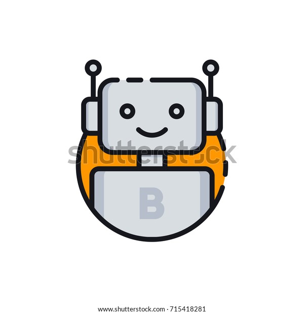 ボットのアイコン Chatbotアイコン かわいい 笑顔のロボット 輪郭ロボットがオレンジの丸でサインします 白い背景にベクター平線の漫画イラスト 音声サポートサービスボット 仮想オンライン サポート のベクター 画像素材 ロイヤリティフリー