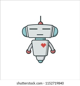 Bot icon with heart. Chatbot icon. Cute Outline robot. Vector flat line cartoon illustration isolated on white background. Voice support service bot. Virtual online support.