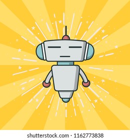 Bot icon on yellow rays background. Chatbot icon. Cute Outline robot. Vector flat line cartoon illustration isolated on white background. Voice support service bot. Virtual online support.