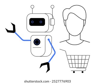 Um bot com um homem e um carrinho de compras. Ideal para tecnologia, comércio eletrônico, IA, automação, atendimento ao cliente. Design futurista minimalista destaca a importância de integrar robôs no varejo para melhorar