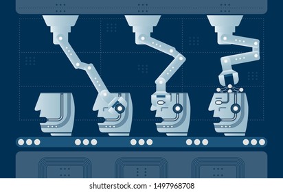 Bot production automated process. Conveyor with robotic arms assembling artificial mind. Applicable as industry 4.0, automated machine learning process, ai production design. Vector illustration.