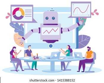 Bot Program for Remote Student Assistance. Distance Learning. Lesson Online. E-Learning. Online Training. Sit at Table. New Technologies. Vector Illustration. Robot Teacher on Monitor. Get Jobs Online