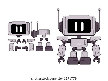 Bot robot character mascot of cyborg cartoon flat set of hand arm body parts collection 