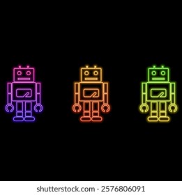 Bot - robot face. Glowing neon icon on brick wall background.